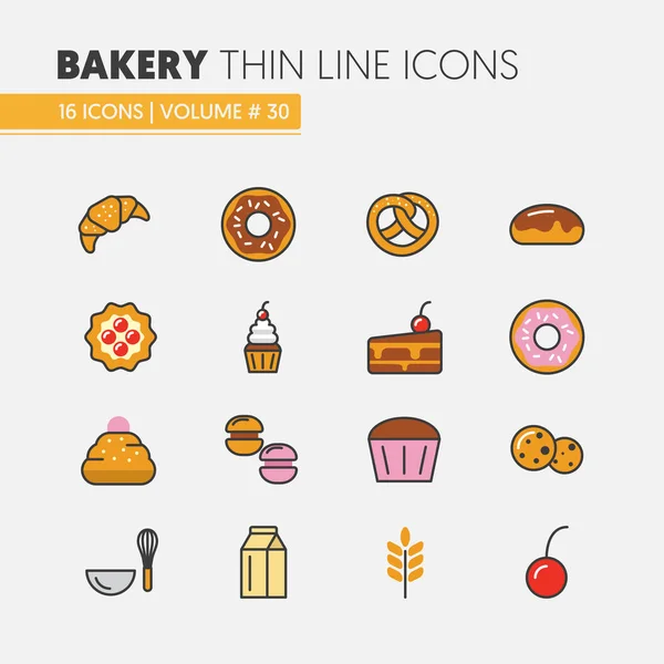Boulangerie et desserts Ligne mince Icônes vectorielles Set avec Croissant et Cookies — Image vectorielle