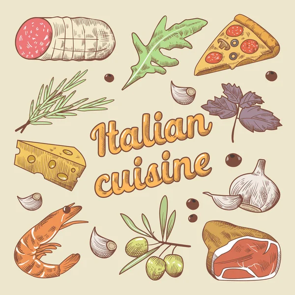 Doodle ιταλική κουζίνα με Pizza, τυριά και αλλαντικά. Το χέρι συντάσσονται διανυσματικά εικονογράφηση — Διανυσματικό Αρχείο