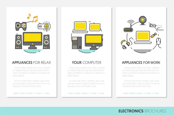 Tecnologia Elettronica Business Brochure Template con icone vettoriali a linea sottile — Vettoriale Stock