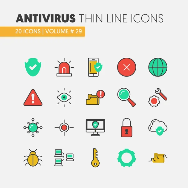 Conjunto de iconos vectoriales delgados lineales de protección de datos de seguridad de Internet con virus informáticos y de red — Vector de stock