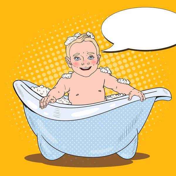 Happy Baby Bathing with Foam Bubbles. Pop Art retro vector illustration — Stock Vector