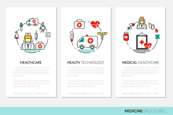 Plantilla de folleto de negocio de atención médica y medicina con iconos vectoriales de línea delgada — Vector de stock