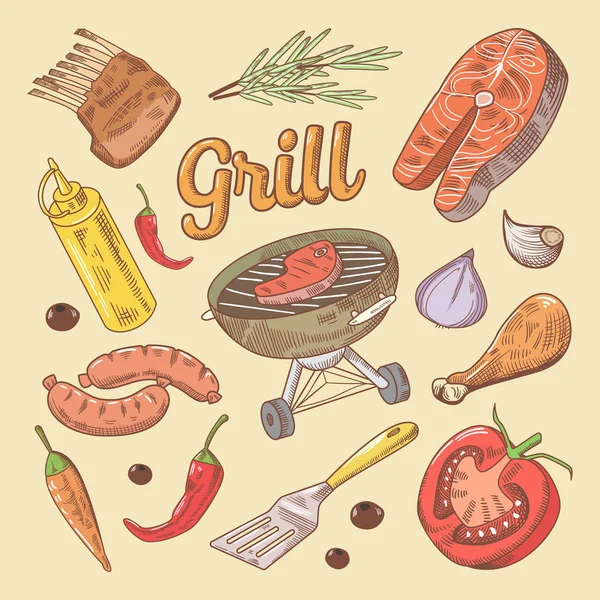 Grill Barbecue Caniche avec steak et saucisse. Illustration vectorielle dessinée main — Image vectorielle