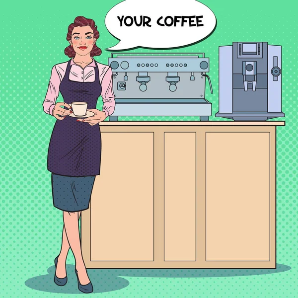 Pretty Female Barista con taza de café en el Café. Arte pop ilustración vectorial retro — Archivo Imágenes Vectoriales