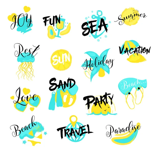 Conjunto de logotipo dibujado a mano de vacaciones de verano. Vacaciones en el mar. Ilustración de vectores retro — Archivo Imágenes Vectoriales