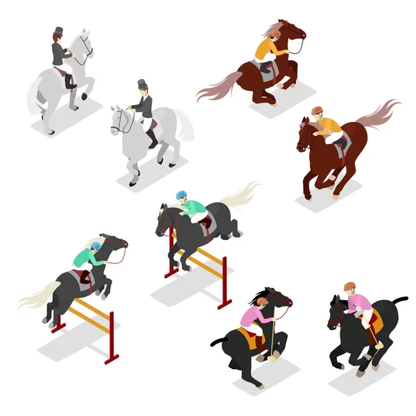 Paardensport - Polo, dressuur, wedstrijd. Man op paard. Isometrische vector platte 3d illustratie — Stockvector