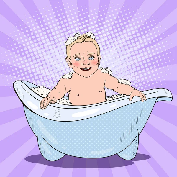 笑婴儿沐浴用泡沫气泡。波普艺术复古矢量图 — 图库矢量图片