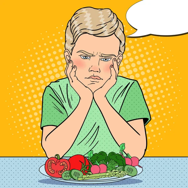 Upset Boy with Plate of Fresh Vegetables. Healthy Eating. Pop Art retro vector illustration — Stock Vector