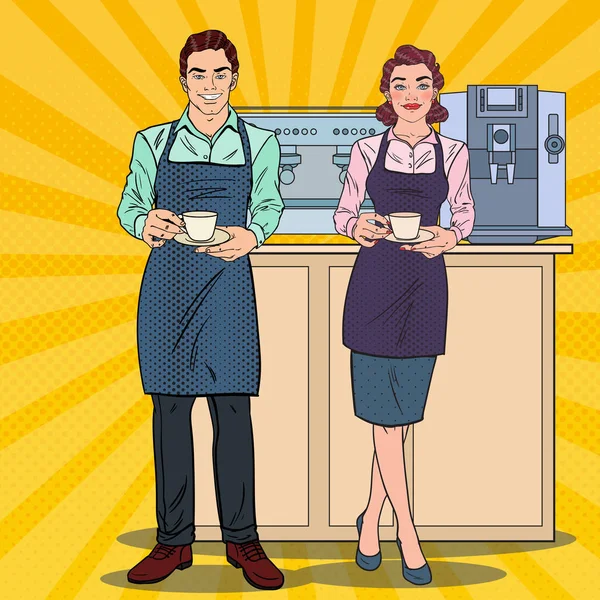 Casal de Barista Preparando Café no Café. Pop Art ilustração vetorial retro — Vetor de Stock