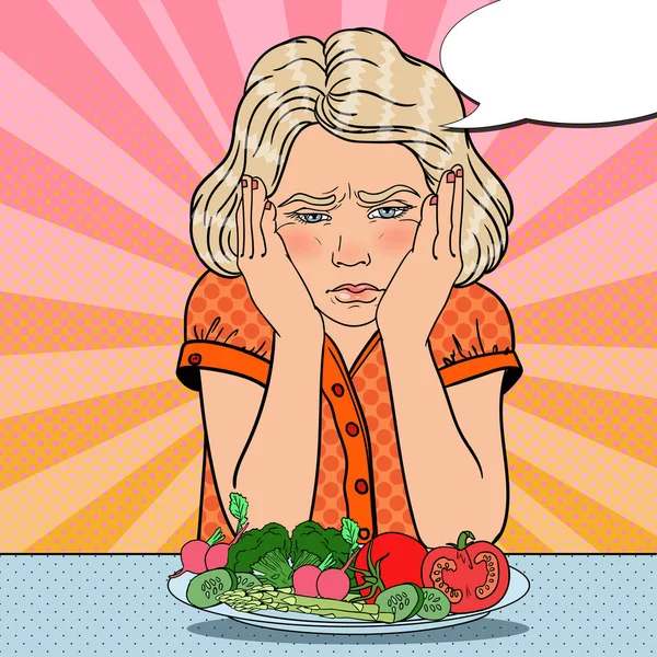 Menina perturbada com prato de legumes frescos. Alimentação Saudável. Pop Art ilustração vetorial retro —  Vetores de Stock