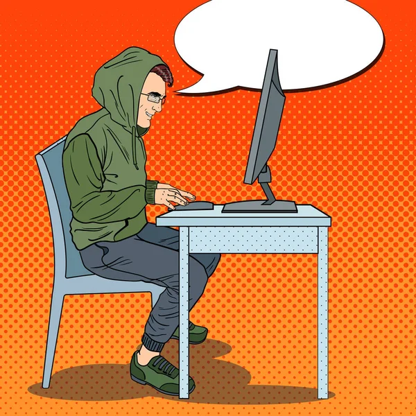 Hacker Hooded Man robando datos de la computadora. Delito cibernético. Arte pop ilustración vectorial retro — Vector de stock