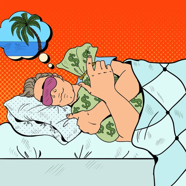 Mann schläft mit Geldsäcken im Bett und träumt vom Urlaub. Pop Art Retro Vektor Illustration — Stockvektor