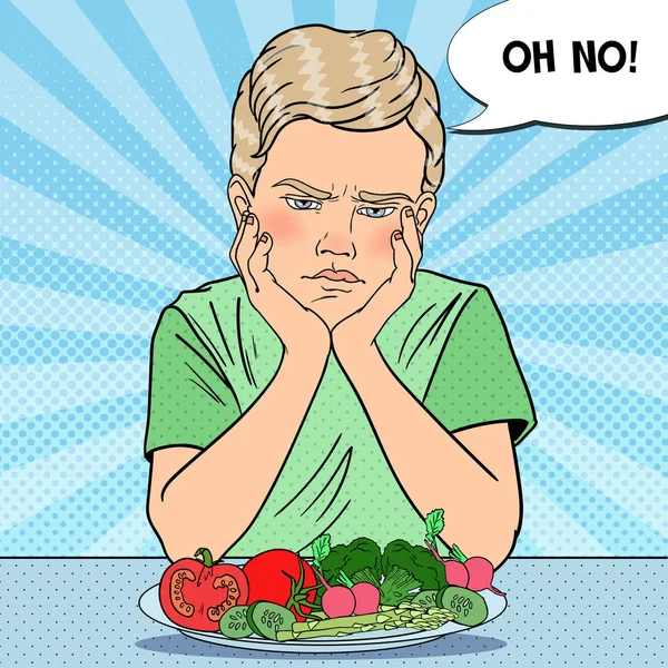 Enfant bouleversé avec assiette de légumes frais. Une saine alimentation. Illustration vectorielle rétro Pop Art — Image vectorielle