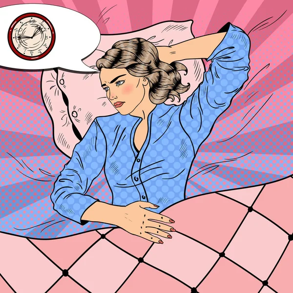 Jovem mulher com insônia deitada na cama. Pop Art ilustração vetorial retro —  Vetores de Stock