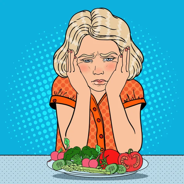Menina infeliz com prato de legumes frescos. Alimentação Saudável. Pop Art ilustração vetorial retro —  Vetores de Stock