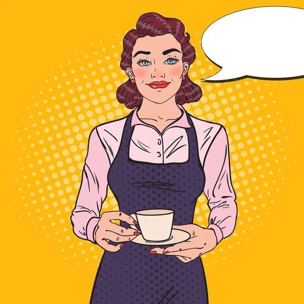 Femme Barman avec tasse de café à Café. Illustration vectorielle rétro Pop Art — Image vectorielle