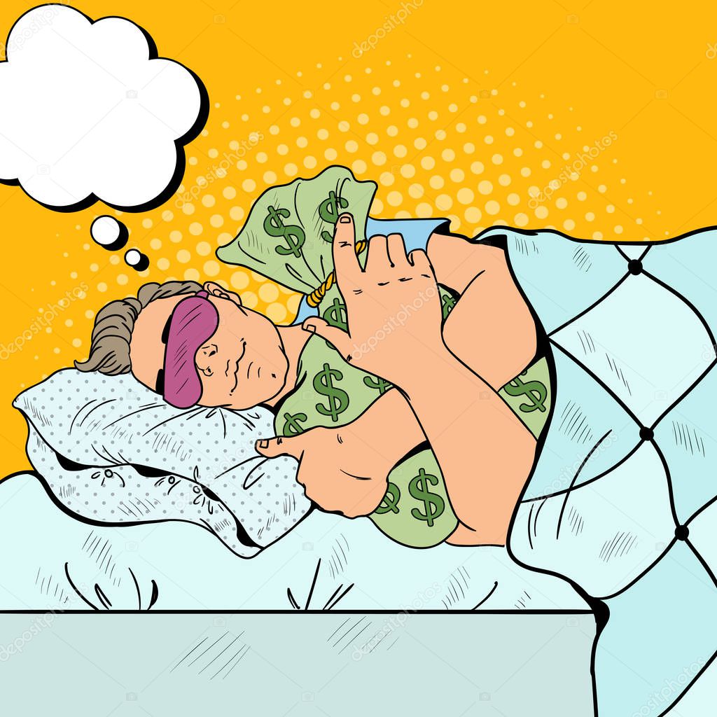 Businessman Sleeping in Bed with Money Bags. Pop Art retro vector illustration