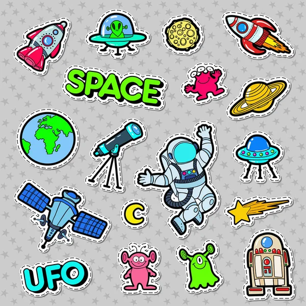 Ruimte, Ufo, Robots en Aliens Badges, Patches en Stickers. Vectorillustratie — Stockvector