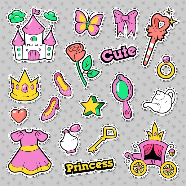 Insignias de Princesa, Parches, Pegatinas con Corona, Castillo, Corazón, Anillo. Ilustración vectorial — Archivo Imágenes Vectoriales