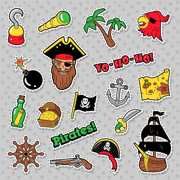 海盗徽章、 修补程序和与船舶，骷髅，骨架的贴纸。男孩的生日党的装饰。矢量图 — 图库矢量图片