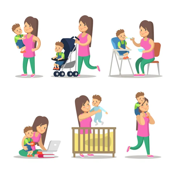 Feliz madre e hijo dibujos animados. Maternidad y paternidad. Ilustración de caracteres vectoriales — Vector de stock