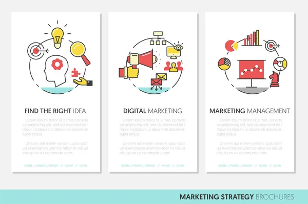 Pazarlama stratejisi iş broşür şablonu doğrusal ince çizgi vektör simgeleri ile — Stok Vektör