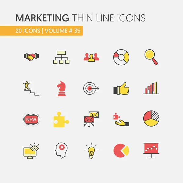 Marketingstrategie Lineare Thin Line Vektor Icons mit Megafon und Werbeelementen — Stockvektor