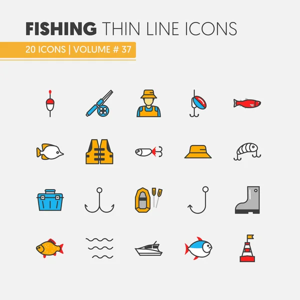 Juego de iconos de vectores de línea delgada lineal de pesca con pescador y herramientas — Archivo Imágenes Vectoriales