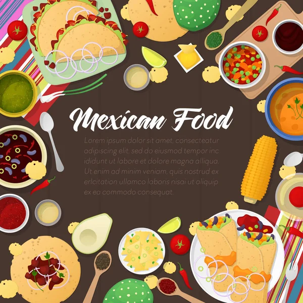 Mexikanische Küche traditionelles Essen mit Tacos. Vektorillustration — Stockvektor