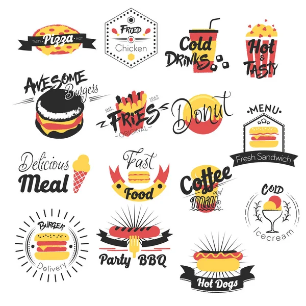 Fast Food kézzel rajzolt logók. Vektoros illusztráció — Stock Vector