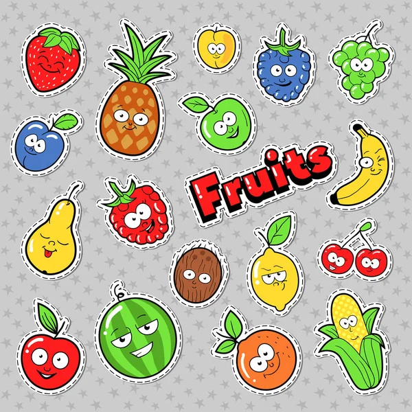 Funny Fruits Emoticons Badges, Patches, Stickers with Banana Apple Pear and Lemon. Vector illustration — Stock Vector
