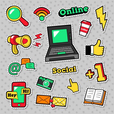 Sosyal ağ teknolojisi çıkartmalar, rozetleri ve yamalar ile Laptop, megafon, Smartphone. Vektör çizim