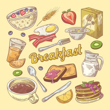 Elle çizilmiş kahvaltı Doodle tost ve krep. Sağlıklı gıda. Vektör çizim