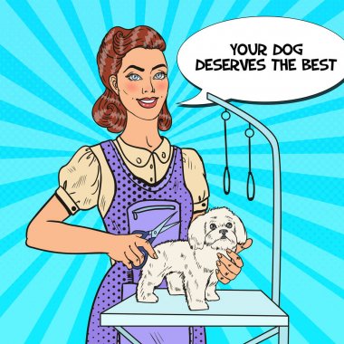 Köpek bakım. Pop Art kadın damat makas ile kesme. Vektör çizim