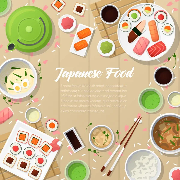 Cozinha japonesa Comida tradicional com Sushi e Wasabi. Ilustração vetorial —  Vetores de Stock