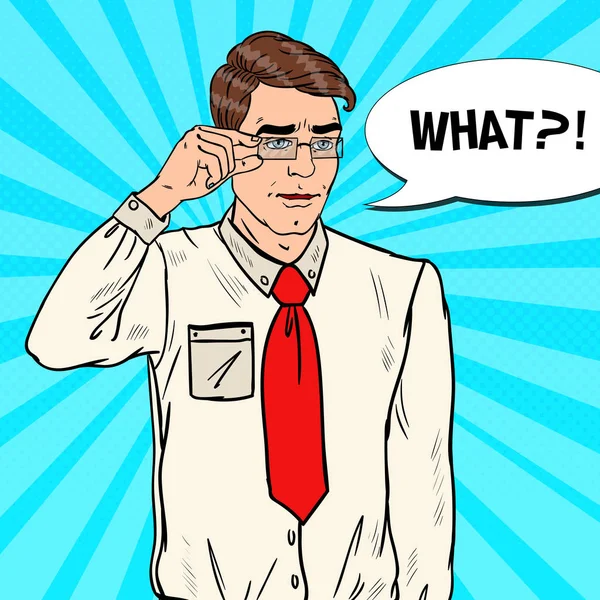 Homme d'affaires confus dans les lunettes. Illustration vectorielle Pop Art — Image vectorielle