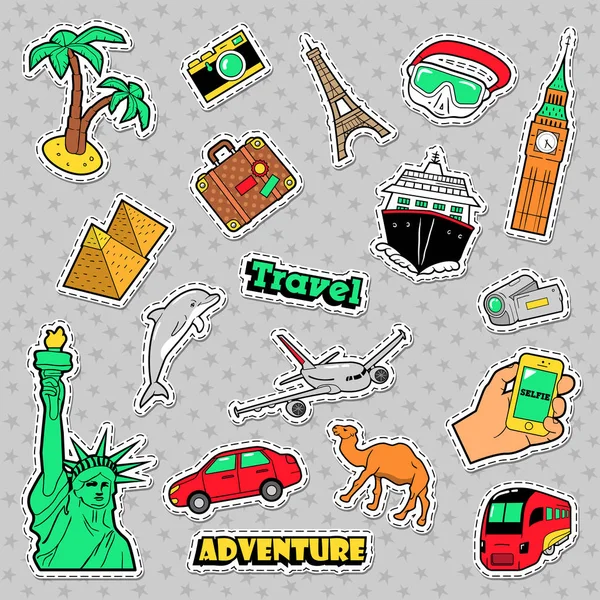 Insignias de viaje y vacaciones, parches y pegatinas con arquitectura, transporte. Ilustración vectorial — Vector de stock