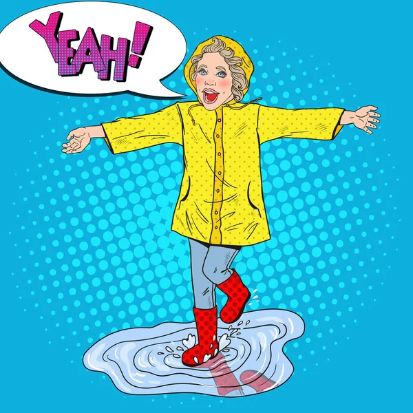Happy Girl Running in Puddles after Spring Rain. Vector retro illustration — Stock Vector