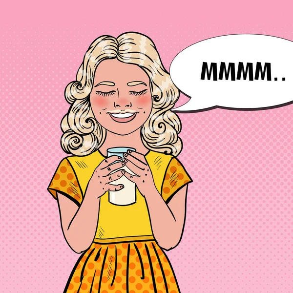 Fröhliches Mädchen, das Milch trinkt. Gesunde Ernährung. Pop Art Vektor Illustration — Stockvektor