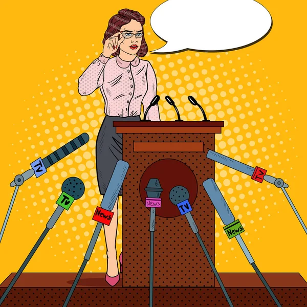 Pop Art Business Woman Giving Press Conference. Mass Media Interview. Vector illustration — Stock Vector