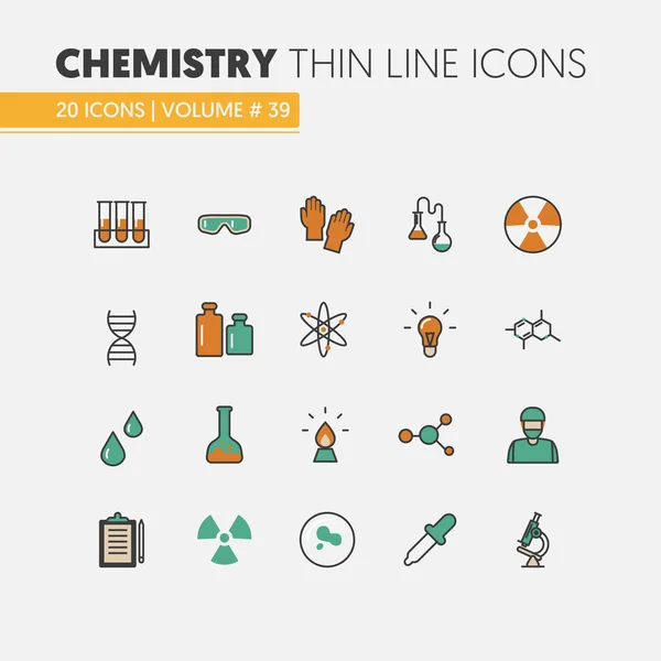 Conjunto de iconos de vectores de línea delgada lineal química con ADN y elementos químicos — Vector de stock