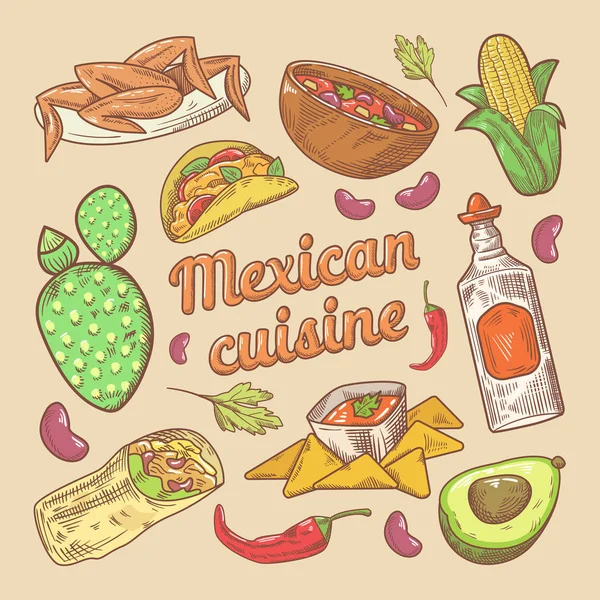 Cocina Mexicana Cocina Tradicional Doodle Dibujado a Mano con Tacos y Nachos. Ilustración vectorial — Vector de stock