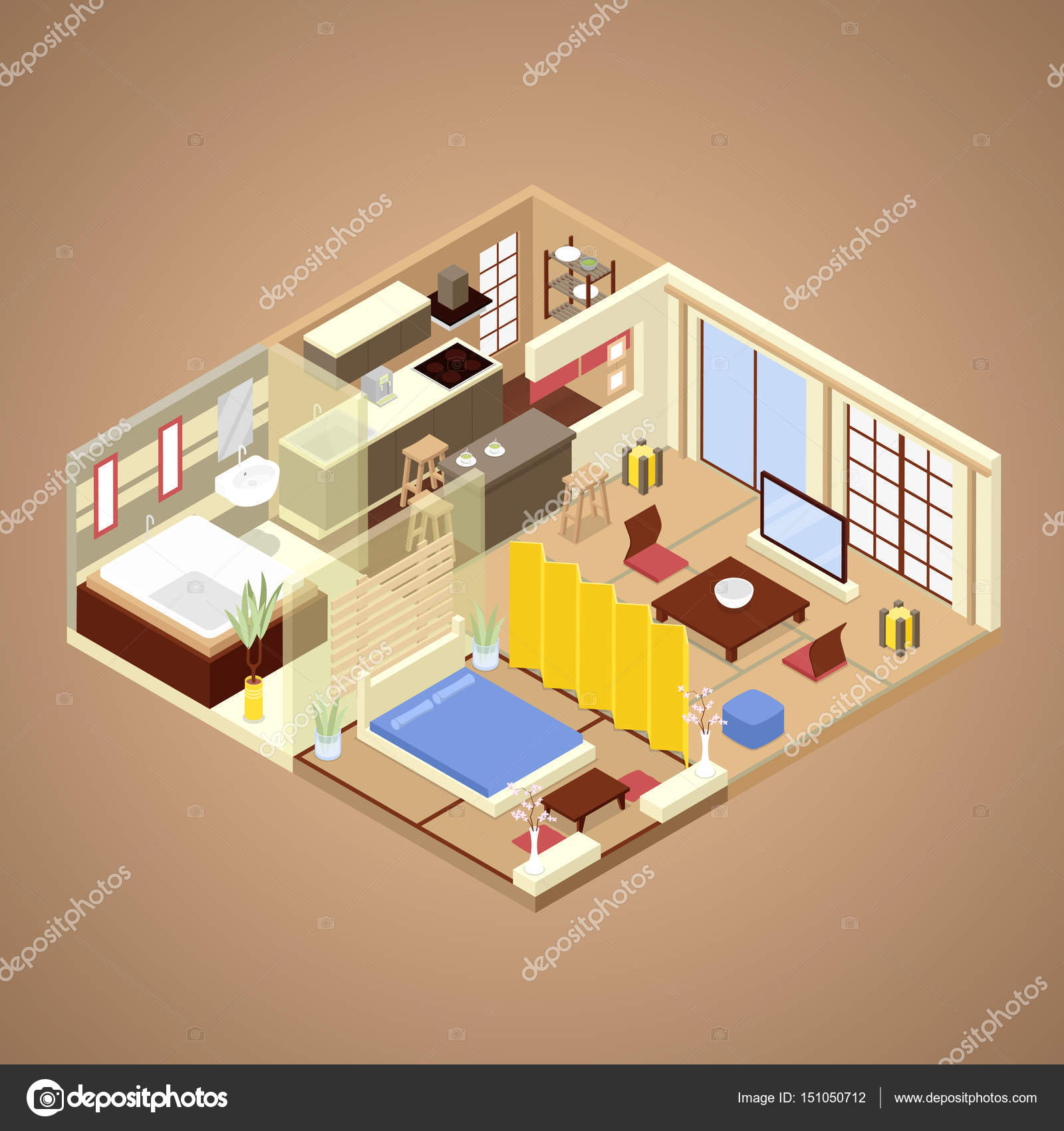 Japán stÃlusú apartman interior design, konyha, hálószoba és ...
