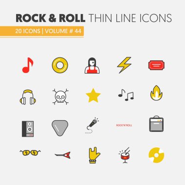 Müzik aletleri ile RocknRoll doğrusal ince çizgi vektör Icons Set