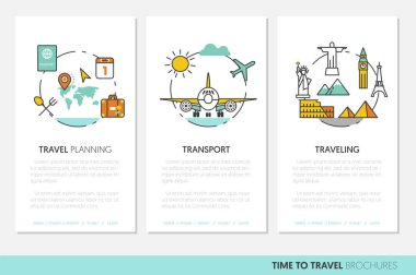 Seyahat tatil iş broşür şablonu doğrusal ince çizgi vektör simgeleri ile