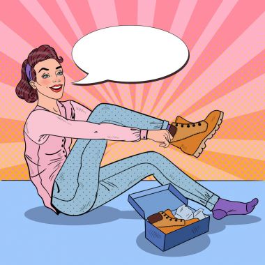 Genç güzel kadın bir mağazada yeni ayakkabılar üzerinde çalışıyor. Mevsimlik alışveriş. Pop Art vektör çizim