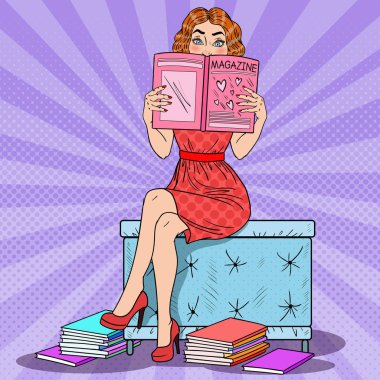 Genç kadın okuma moda dergisi güzel. Pop Art vektör çizim