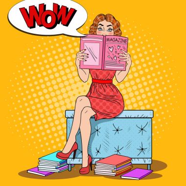 Genç kız okuma moda dergisi. Pop Art vektör çizim