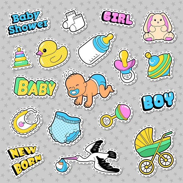 Adesivi per neonati, patch, badge Scrapbook Baby Shower Decoration Set con cicogna e giocattoli. Vettore Doodle — Vettoriale Stock