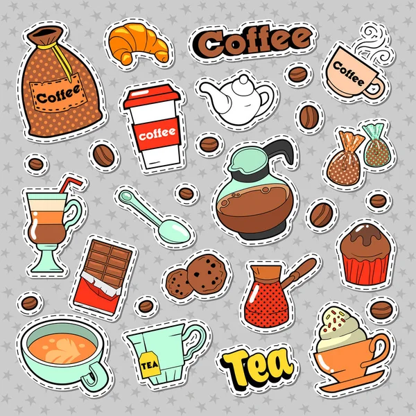 Kaffe och te emblem, patchar, klistermärken för utskrifter och mode textil med bönor. Vector Doodle — Stock vektor